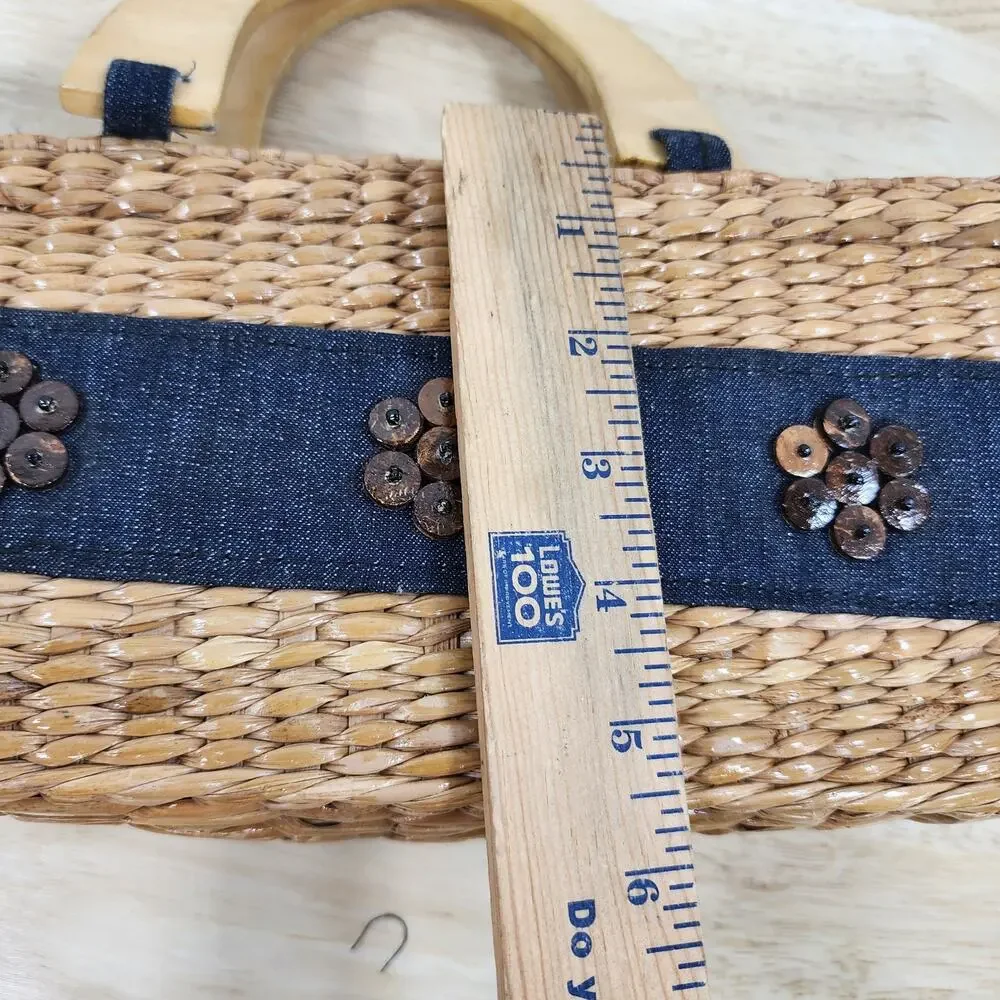 Straw Basket Purse Denim Accent Wooden Handles Beach Cottagecore Bag 10x5.5